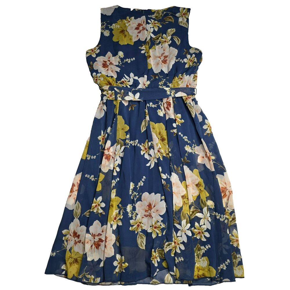 Enfocus Studio Womens 6 Blue Floral A‑Line Dress Sleeveless Belted Summer - Picture 15 of 16